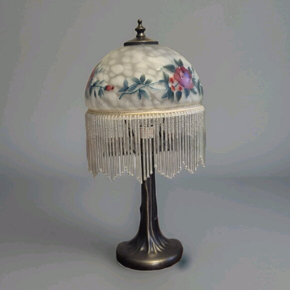 Vintage Shabby Chic Cottage  18" Boudoir Lamp Rose Floral  Beaded Frosted Shade - Picture 3 of 5